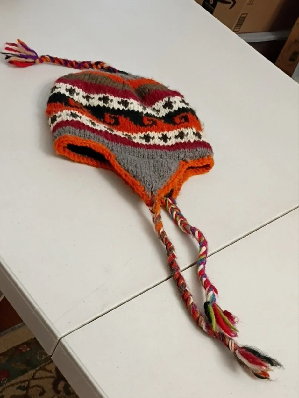 Kids Knit Earflap Hat with Braided Tassels — Gray & Orange